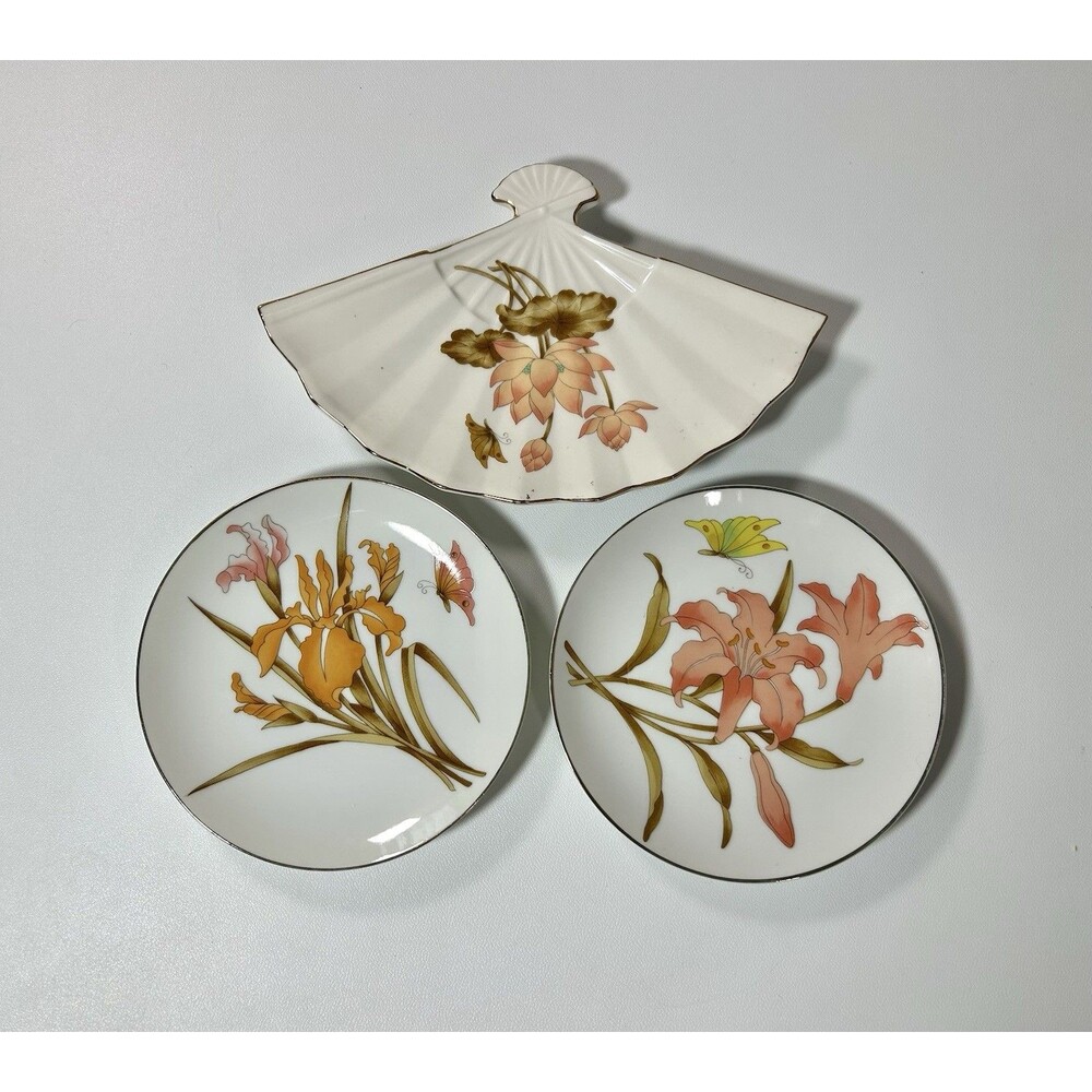 Vtg Japan Ceramic Fan Shaped Lotus Flower Butterfly Dish, 3 Decorative Plates